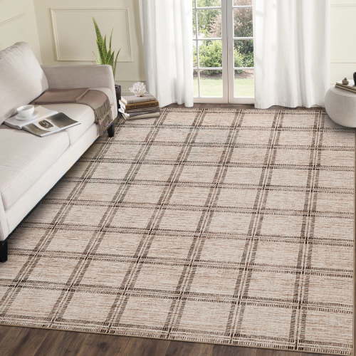 Hasoo 8' x 10' Area Rug for Living Room Washable Modern Plaid Non Slip Non Shedding Neutral Indoor Decor Carpet, Camel