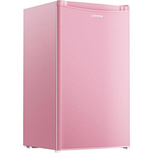 Upstreman 3.2 Cu.Ft Mini Fridge with Freezer, Single Door Mini Fridge, Dorm Fridge, Adjustable Thermostat, Mini Refrigerator for Bedroom, Office, Dorm, Pink-BR321