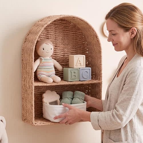 Large Rattan Wall Shelf for Boho Nursery Decor,Natural Brown