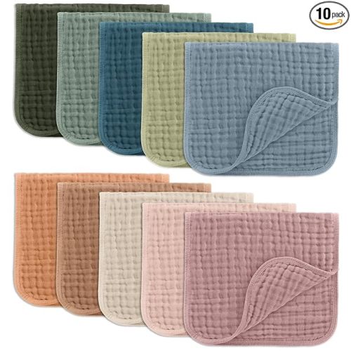 Comfy Cubs Muslin Burp Cloths 20" x 10", Pack of 10 - Large, 6-Layer, Ultra Absorbent 100% Cotton for Baby Drool and Messes - Soft, Safe & Gentle Baby Burp Cloths for Boys & Girls - Multi