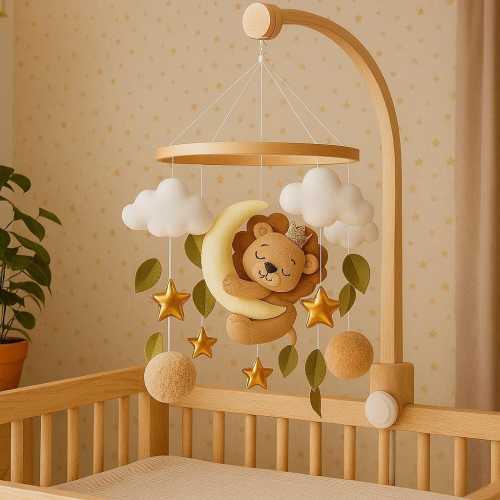 Lion Baby Mobile: Handmade Felt Nursery Decor with Moon & Stars