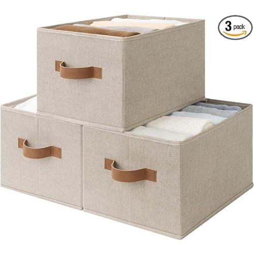 StorageWorks Foldable Storage Bins, Closet Organizer Bins for Clothes, Linen Closet Organizers and Storage, Shelf Baskets for Organization, Brown & Beige, 3-Pack, Large