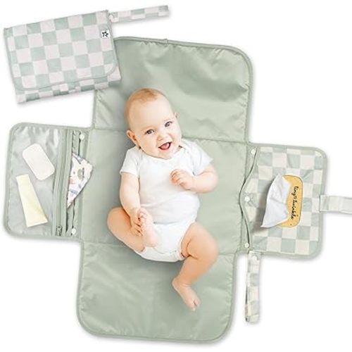 Tiny Twinkle Portable Diaper Changing Pad | Waterproof, Wipeable & Compact Baby Changing Pad for Travel | Smart Wipes Pocket & Organized Storage| Newborn Shower Gift (Sage Checkers)