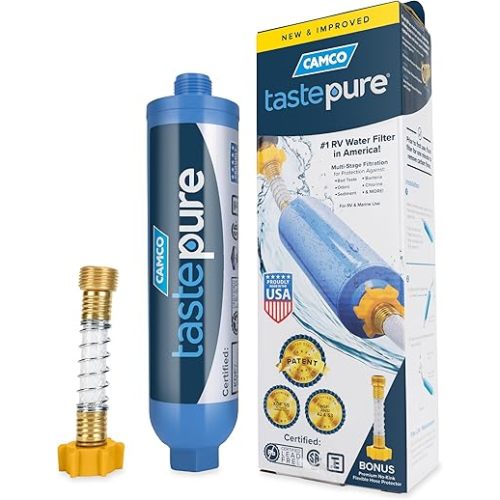 Camco Tastepure RV Water Filter - Advanced RV Inline Water Filter with Flexible Hose Protector - GAC & KDF Filtration - Made in USA - Camping Essentials for Fresh Drinking Water (40043)