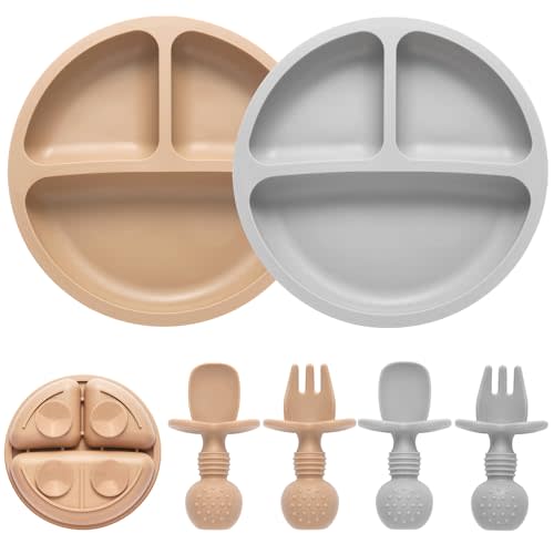 Eascrozn Silicone Baby Feeding Set, 2 Pack Divided Baby Plates with Suction, 2 Pack Spoons and Forks Set, BPA Free, Baby Led Weaning Supplies for Toddler Utensils Baby Feeding Essentials