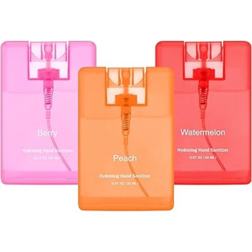Set of 3 Power Mist Hydrating Hand Sanitizer Spray Bulk Travel Size Portable Hand Sanitizer 0.67 Fl. oz Compact Card Spray Bottle Watermelon Peach Berry Scent for Pocket Bag Purse Car Backpack