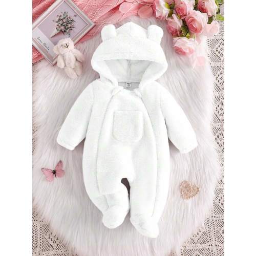 SHEIN Baby Girl Fluffy Ear Pocket Hooded Long Sleeve Pajama Romper, Warm & Soft Comfortable Elegant Simple Pink Jumpsuit Loungewear | SHEIN USA