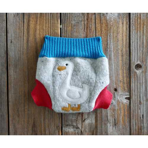 Upcycled Lambswool And Cashmere Diaper Cover Soaker Cover: Goose Applique, NEWBORN ( 0-3 Months)