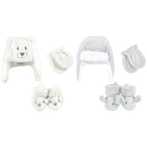 Hudson Baby Trapper Hat, Mitten and Bootie 6pc Set, Cream Bear Gray Elephant, 0-6 Months