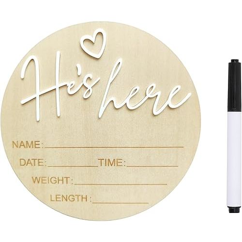 Baby Announcement Sign, 5.9 Inch Wooden Hello World Newborn Signs, Birth Announcement Sign, Gender Reveal Signs, He's here Decoration, Welcome Newborn Arrival To World, Hospital Nursery for Baby (White He's)