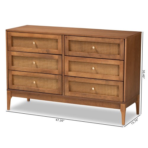 Ramiel Mid-Century Modern Ash Walnut Finished Wood and Rattan 6-Drawer Dresser