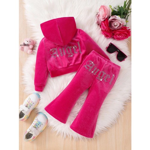 SHEIN Fashionable And Cute Baby Girl 2Pcs Sets Rhinestone Letter Pattern Velvet Hoodie & Flare Pants ,Sweatpants, Outfits,Cute & Casual & Vintage,Great For Casual & Daily Wear & School Daily In Summer & Autumn,For Christmas Fall Winter | SHEIN USA
