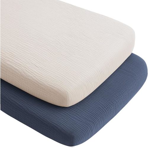 Konssy 2 Pack Muslin Bassinet Sheets for Boys, Girls, 100% Cotton Soft Breathable Fitted Bassinet Mattress Sheet, 33 x 21 inches (Navy,Cream)