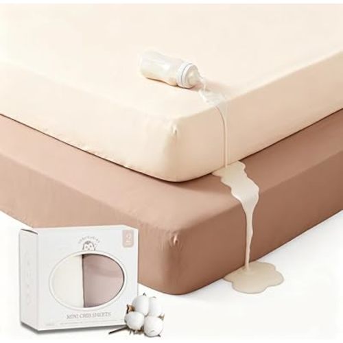 Organic Cotton Crib Sheet 2 Pack, Mini Crib Sheets 38x24x8 Jersey Knit, Waterproof Crib Sheets with Laminated TPU, Neutral Baby Bedding for Boys and Girls (Neutral: Nude, Brown)