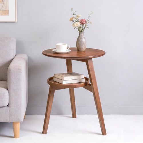 2-Tier Round Bamboo Side Table, Mid Century Modern End Table
