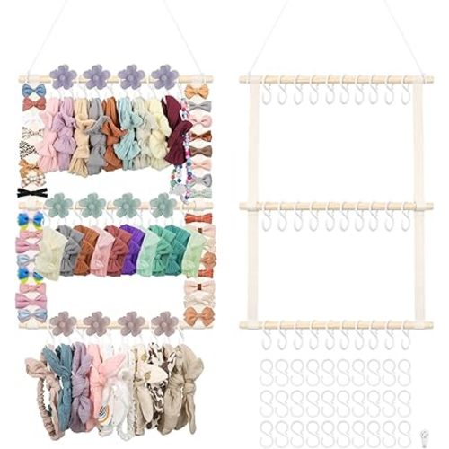 Munzong Headband Holder,Beige Bow Organizer for Baby Girls, Nursery Wall Hanging Clip Storage w/ 30 Hooks, Hair Accessories Organizer Rack Shelf for Toddler Kids Room Decor 15x20inch