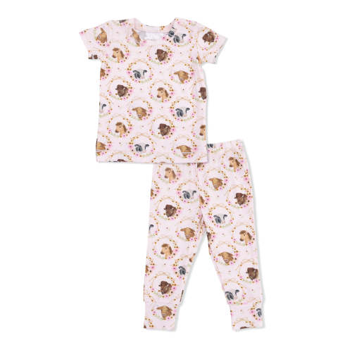 Short Sleeve Loungewear Set, Farm Animals Floral Cameos