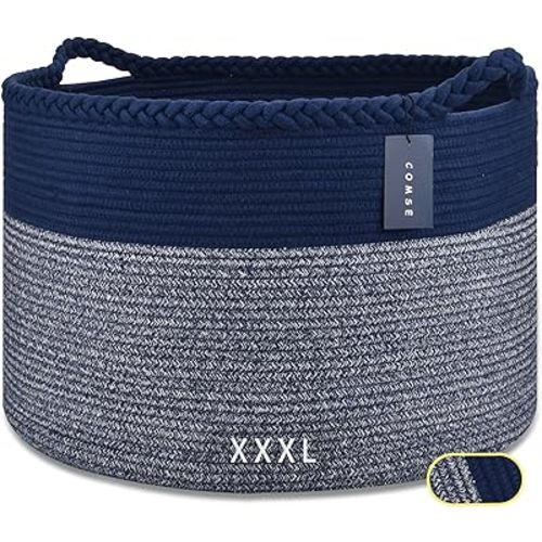 COMSE Extra Large Blanket Basket, Woven Laundry Basket, 21.7”x 13.8”, Nursery Hamper, Cotton Rope Laundry Hamper Living Room for Storage Toys Clothes Towels (Navy Blue)