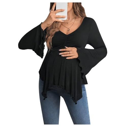 BEAUDRM Women's Maternity Shirts Bell Long Sleeve Pregnancy Tops Ruched V Neck Asymmetrical T-Shirt