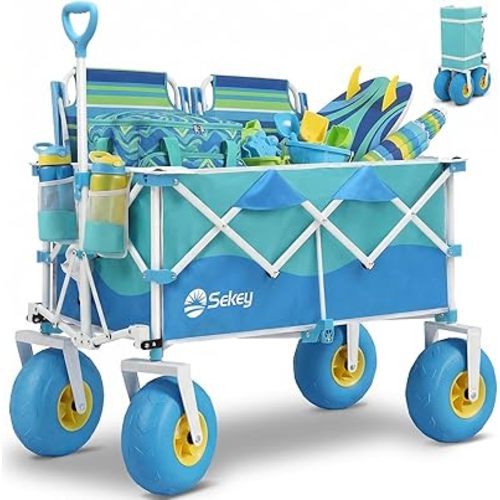 Sekey Heavy Duty Beach Wagon with 9" Big Sand-Proof Wheels – 600lb Capacity, 200L Oversized Foldable Cart | Adjustable Handle & All-Terrain Tires for Sand, Camping, Groceries