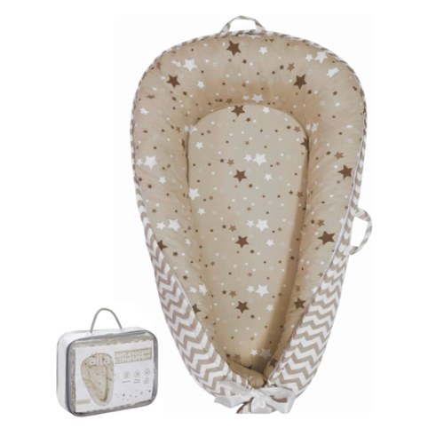 Baby Lounger | Organic Cotton Infant Lounger | Reversible, Adjustable & Portable Floor Lounger | Supervised Use | Soft, Breathable, Washable Cover- Star Collection (Tan)