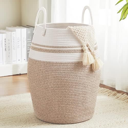 Extra Large Laundry Hamper Basket 105L Woven Blanket Basket, Brown & White