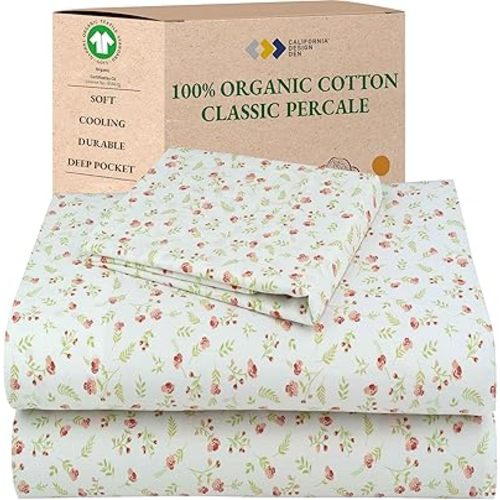 California Design Den Twin Floral Sheet Set, 100% Organic Cotton Percale Sheets, Deep Pocket Twin Sheets & Pillowcase Set - Floral