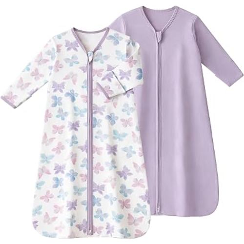 FIEMOL Baby Sleep Sack 12-18 Months, Long Sleeve Baby Wearable Blanket 0.5 Tog with Mittens, 2-Way Zipper Toddler Cotton Sleeping Sack for Boy and Girl Purple Butterfly 2 Pack(Large)