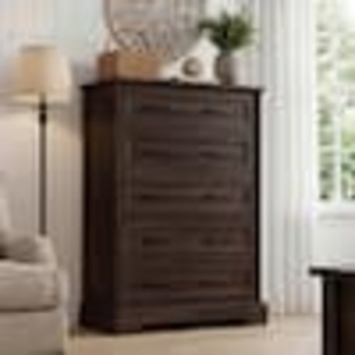 LACOO 31.5"W 5-Drawer Tall Dresser Chest, Vertical Storage Cabinet, Wood Grain Veneer & Black Metal Pulls, Brown V-WD-0945-8