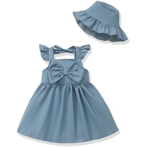 Renotemy Infant Baby Girl Dresses Toddler Girl Clothes Summer Cotton Linen Boho Smocked Sundress Gift for Girls with Hat