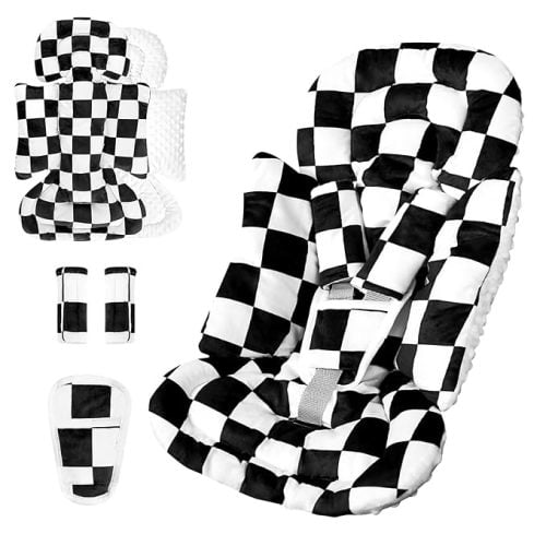 Infant Car Seat Insert, Baby Car Seat Head Support with 3 Strap Paddings, Soft Newborn Car Seat Cushion for Stroller, Swing, Bouncers, Colorful Checkered