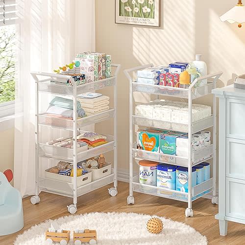 2 Pack Baby Diaper Caddy Cart, 4-Tier Diaper Caddy Organizer and Storage, Rolling Utility Cart for Baby Supplies, Diaper Cart with Wheels for Bedroom, Nursery, Changing Table, White