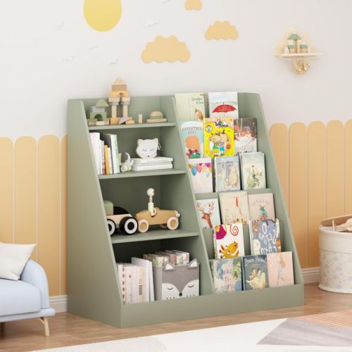 Kids Bookshelf and Toy Storage Organizer, 4-Tier Wooden Toddler Bookcase with Display Shelves for Kids Room, Playroom, Nursery, Sage