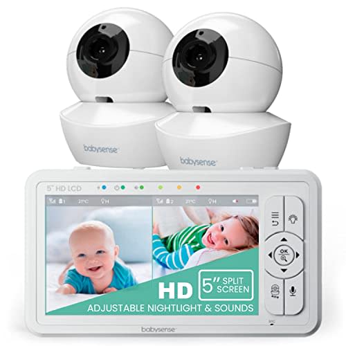 Babysense 5" HD Split-Screen Baby Monitor, Video Baby Monitor with Camera and Audio, Two HD Cameras with Remote PTZ, Night Light, 960ft Range, Two-Way Audio, 4X Zoom, Night Vision, 4000mAh Battery