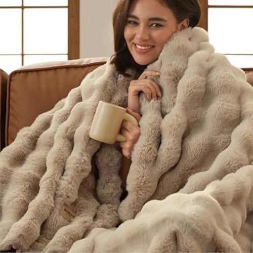 Bedsure GentleSoft Fluffy Fuzzy Beige Throw Blanket for Bed, Soft Cozy Fleece Faux Fur Blanket for Couch, Beige Room Decor Coloring Bedding Sofa Cover, Thick Warm Plush Women Girls Birthday Gifts