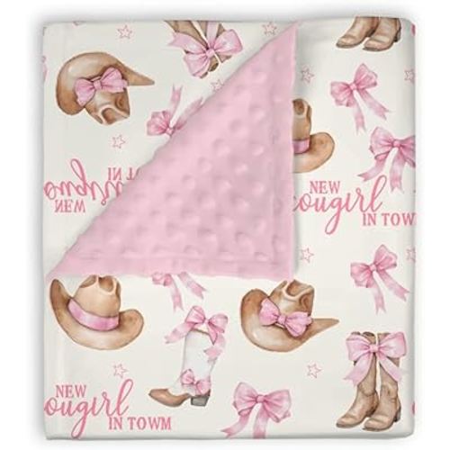 Mink Baby Girl Blanket Western New Cowgirl in Town, Pink Bow Ribbon Boot Hat Soft Double Layer Dotted Backing Receiving Swaddle, Newborn Infant Toddler Nursery Crib Bedding Shower Gift 30 x 40