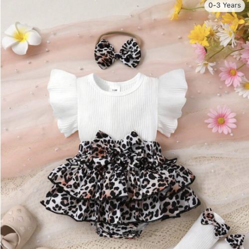 2pcs Set Casual Elegant Sweet Cute Baby Girl Autumn Outfit, Soft & Comfortable, Leopard Print Layered Ruffle Bow Dress Romper, With Headband And Socks | SHEIN USA