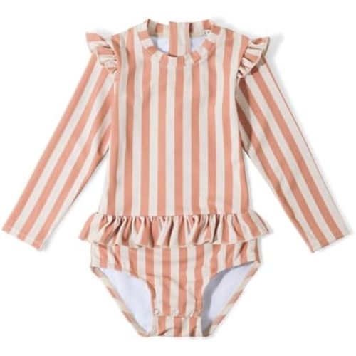 Toddler Girls One Piece Swimsuit Long Sleeve Bathing Suit Zipper Rash Guard Pink Cherry Swimwear with Snap