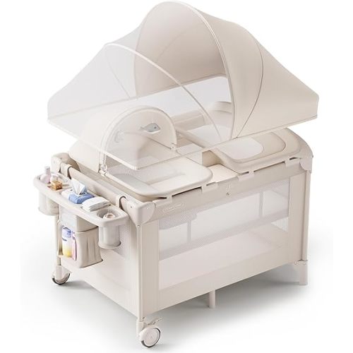 Obee Odee 4-in-1 Baby Bassinet with Playard, Napper Bassinet, Changing Table, Mosquito Net & Canopy, Storage and Toys for Newborn to Toddler