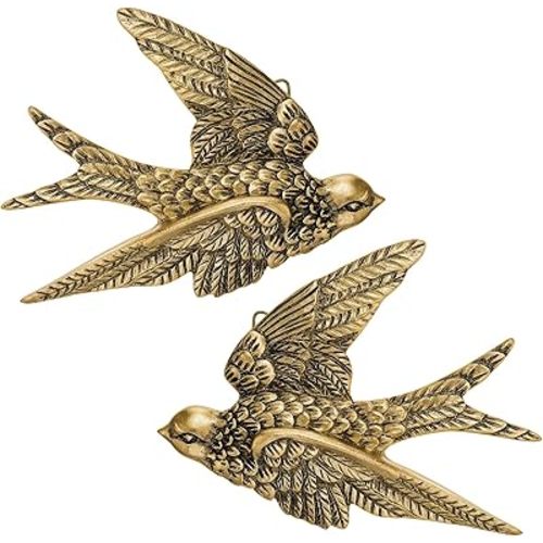Kathfly 2 Pcs Vintage Bird Wall Sculpture Decor Art 4.7 Inch Antique 3D Sculpted Hanging Bird Resin Wall Art Golden Brass Floating Ornament for Living Room Garden Outdoor, Gifts Couples Housewarming