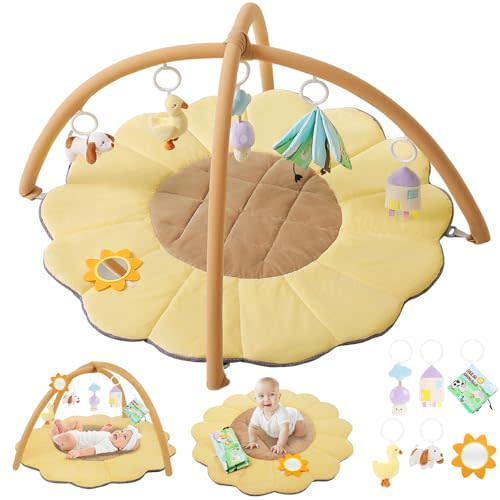 Baby Gym Play Mat, Sunflower Shaped Tummy Time Mat with 6 Detachable Toys, Thick & Plush Play Mat for Babies 0-6 Months, Essential Gift for Newborns and Toddlers
