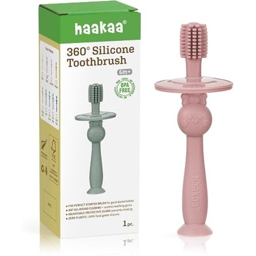 haakaa 360° Silicone Baby Toothbrush, Soft Infant First Brush, Tongue, Gum & Teeth Cleaner for 6M+, BPA-Free with Safety Shield and Suction Base - Blush (1 Piece)