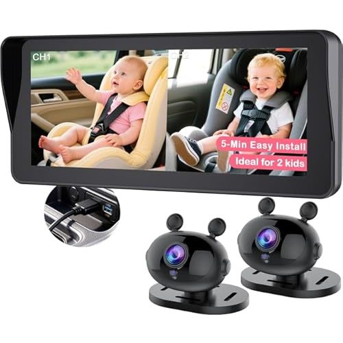 Wkzay HD 1080P Dual Baby Car Camera for 2-Kids: 6.9 Inch Split Display with 2 Night Vision Carseat Cameras - 5-Mins USB Easy Install 360° Adjustable for New Parents