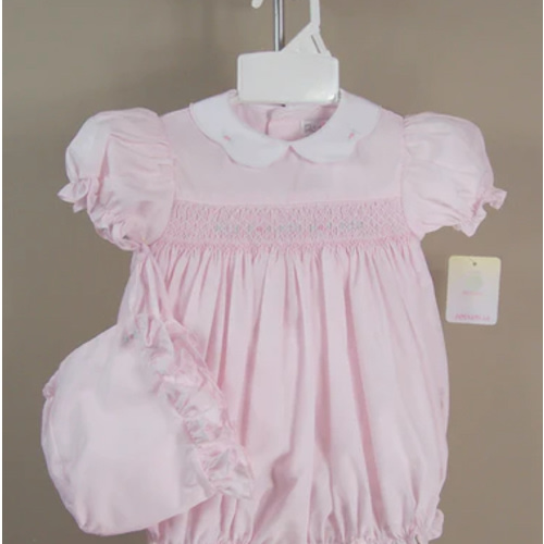 Petit Ami Girls Pink Smocked Bubble Romper 3 6 9 Months with Bonnet – Classic Baby Boutique