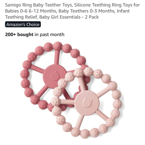 Samigo Ring Baby Teether Toys, Silicone Teething Ring Toys for Babies 0-6 6-12 Months, Baby Teethers 0-3 Months, Infant Teething Relief, Baby Girl Essentials - 2 Pack