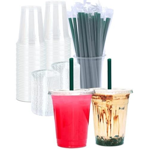 Cappatua 16 oz Clear Plastic Cups with Lids and STRAWS, Disposable Drinking Cups for Cold Drinks, Iced Coffee, Milkshakes, Smoothies, 25 Sets