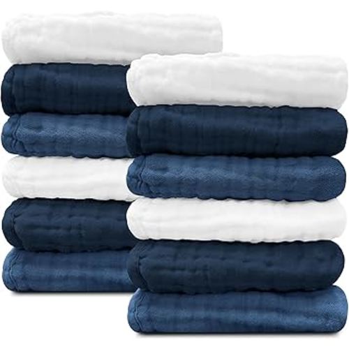Sunny zzzZZ Baby Muslin Washcloths -100% Cotton Muslin Soft Baby Bath Wash Cloths and Absorbent Burp Cloths for Newborns Kids Girls and Boys -12 Pack, 12x12 Inches - White+Deep Navy Series