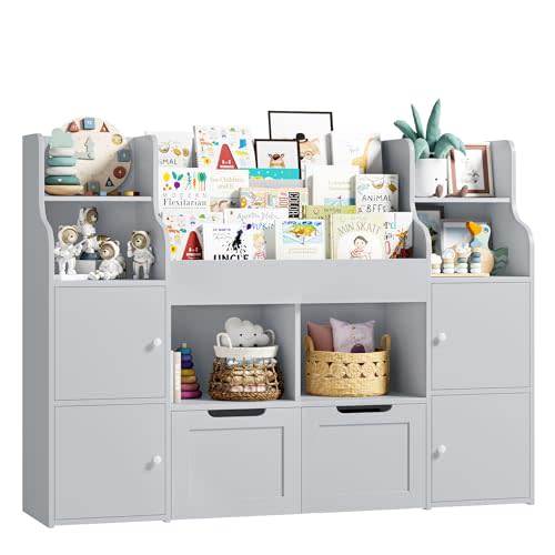 FINETONES Toy Storage Organizer, Large Toy Organizers and Storage with 8 Storage Cubbies and 2 Movable Drawers, Toy Shelf Organizer with 4 Display Shelves, 3-Tier Kids Bookshelf and Toy Storage, Grey