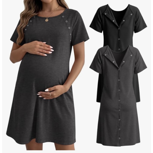 Huukeay 2 Pack Labor and Delivery Hospital Gown Women Nursing Birthing Maternity Dress 3 In1 Breastfeeding Buttons Pjs Robe
