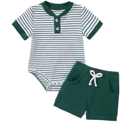 Baby Boy Clothes Short Sleeve Striped Romper Solid Short Set Ribbed Knitted Summer Outfit